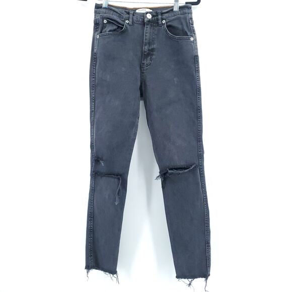 Pull & Bear Womens High Rise Black Destroyed Skinny Jean Raw Hemline 5 Pocket| 6 - Picture 2 of 11